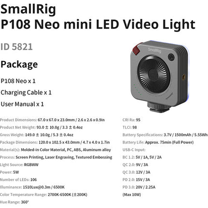 SmallRig P108 Neo Mini Luz LED RGB WW para Video 1510 Lux 6500K Nebula Gray