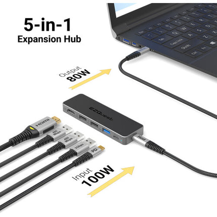 EZQuest 5 Puertos USB-C Multiadaptador Pro con HDMI 4K60 Cable 19.6'' Blanco
