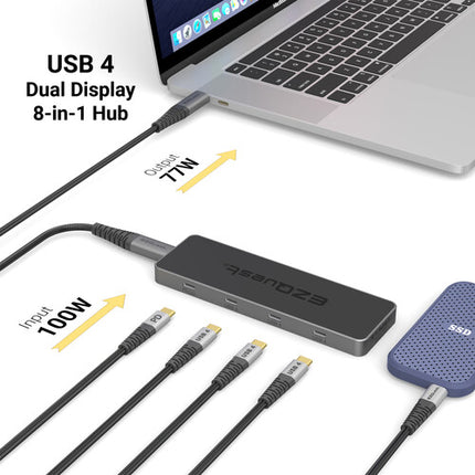 EZQuest 8-Port USB4 Pro Serie Hub Dual Display 8K 77W Con Cable Nylon 50cm