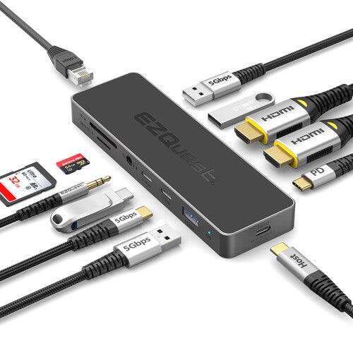 EZQuest 12-Port USB-C Pro Serie Adaptador Multi Hub Pantalla Dual 4K60 HDMI 74W