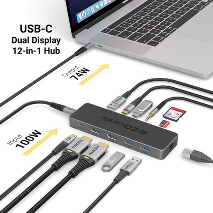 EZQuest 12-Port USB-C Pro Serie Adaptador Multi Hub Pantalla Dual 4K60 HDMI 74W