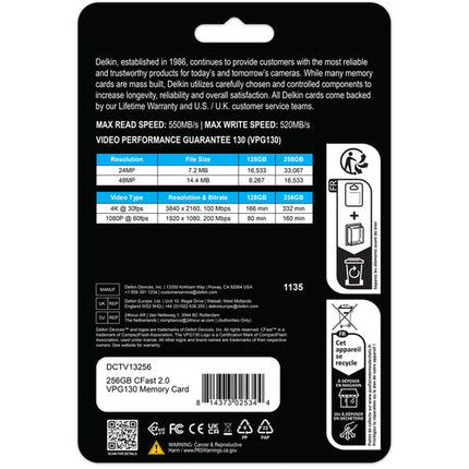 Delkin Devices Tarjeta de Memoria CFast 2.0 256GB 550 MB/s lectura estuche protector