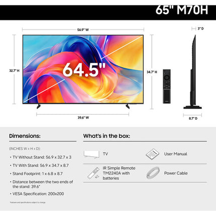 Samsung M70H 65 pulgadas TV Mini-LED 4K UHD HDR10+ Smart TV 60 Hz