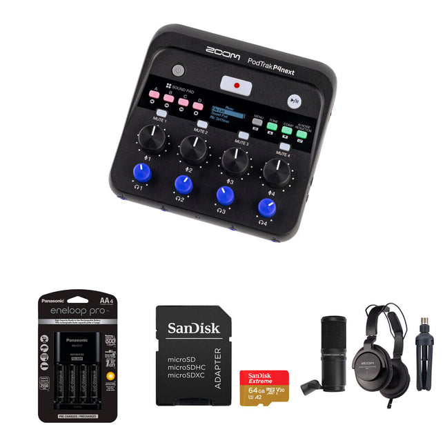 Zoom PodTrak P4next Grabadora Podcast Multitrack 4 Entradas XLR 48kHz 24-Bit Kit 1 Persona