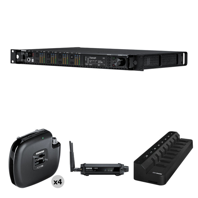 Shure AD4Q-US Axient Digital Sistema Inalámbrico de Cuatro Canales con 4 Transmisores ADX1M y Cargador de 8 Bahías