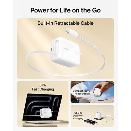 Belkin UltraCharge Cargador de Pared Retráctil 67W con Cable USB-C de 3.3 pies Blanco