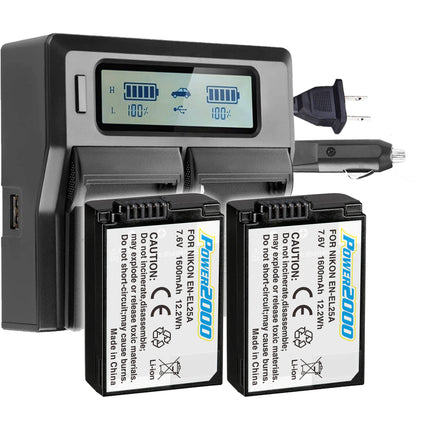 Power2000 EN-EL25a Kit Baterías 1600mAh y Cargador Doble Pantalla LCD