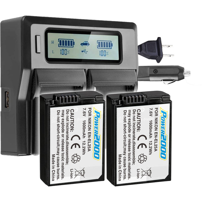 Power2000 EN-EL25a Kit Baterías 1600mAh y Cargador Doble Pantalla LCD