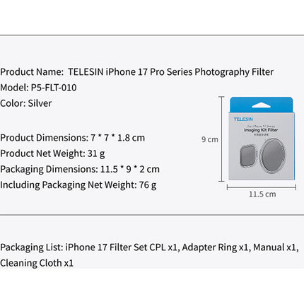 TELESIN Filtro CPL para iPhone 17 Pro Pro Max Master Grip Acero y Vidrio Óptico