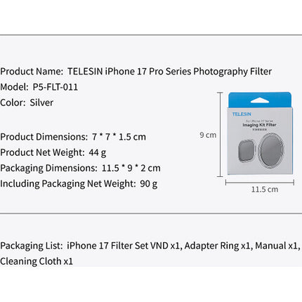 TELESIN Filtro ND Variable para iPhone 17 Pro Master Grip 1-5 Stops aluminio vidrio óptico