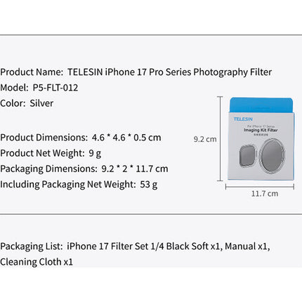 TELESIN 1/4 Filtro Pro-Mist Negro para Master Grip iPhone 17 Pro Pro Max aluminio y vidrio óptico