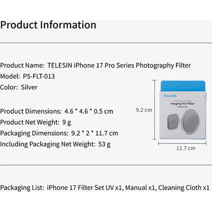 TELESIN Filtro UV para iPhone 17 Pro Pro Max Master Grip Protección Óptica y Aluminio