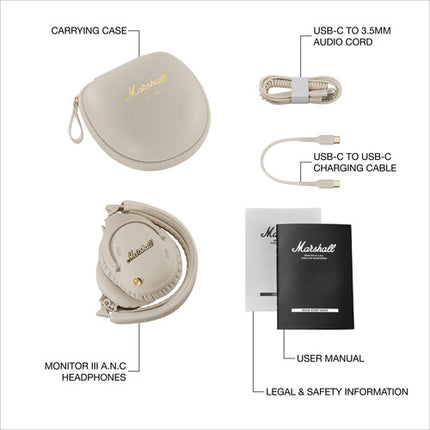 Marshall Monitor III A.N.C Auriculares Inalámbricos Over-Ear Cancelación Ruido 70 Horas Cream