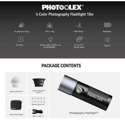PHOTOOLEX Kit de Spotlight Fotográfico 10W 4 Colores con Zoom Ajustable y Batería Integrada