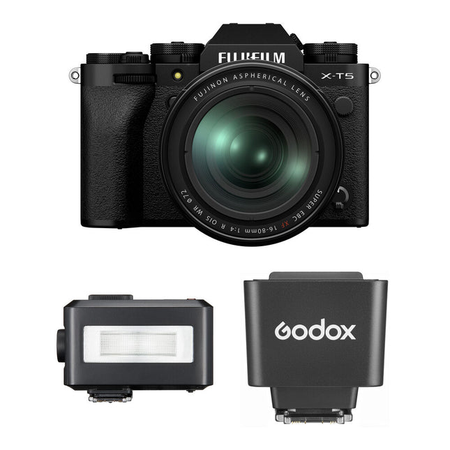 FUJIFILM X-T5 Cámara sin Espejo 40MP con Lente 16-80mm f4 y Flash Godox