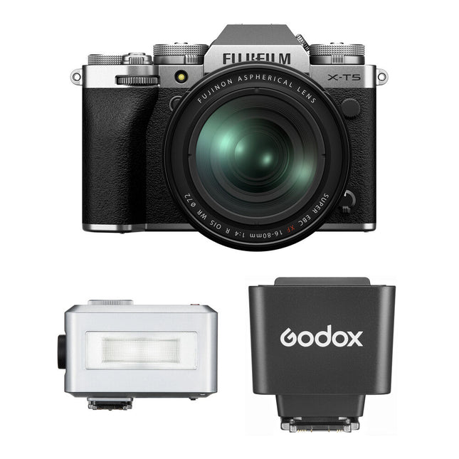 FUJIFILM X-T5 Cámara sin Espejo 40MP 4K 60p con Lente 16-80mm f4 Godox Mini Flash Kit