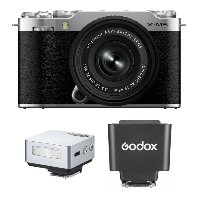 FUJIFILM X-M5 Cámara Sin Espejo 26.1MP 6.2K Video con Lente 15-45mm y Flash Godox