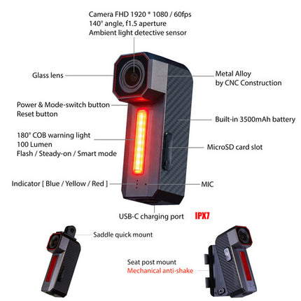 RIPOON Q100 Pro Luz Trasera Bicicleta Camara 1080p 60fps 9h Bateria