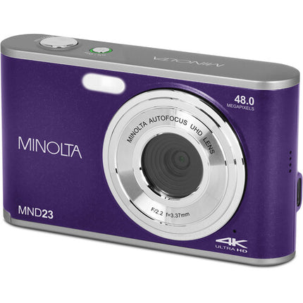 Minolta MND23 Cámara Digital Morada 48MP Zoom 16x Video 2.7K 32GB