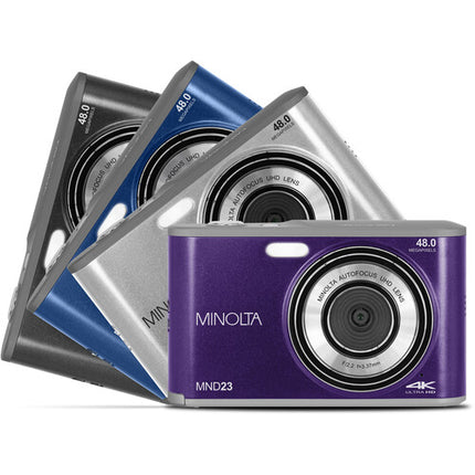 Minolta MND23 Cámara Digital Morada 48MP Zoom 16x Video 2.7K 32GB