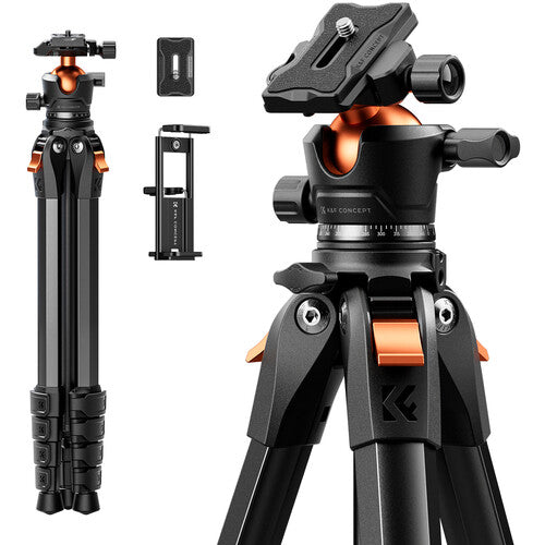 K&F Concept A305A1 trípode de aluminio con BH-40 cabezal esférico capacidad 10 kg altura 45 a 162 cm incluye pinza para teléfono y bolsa de transporte
