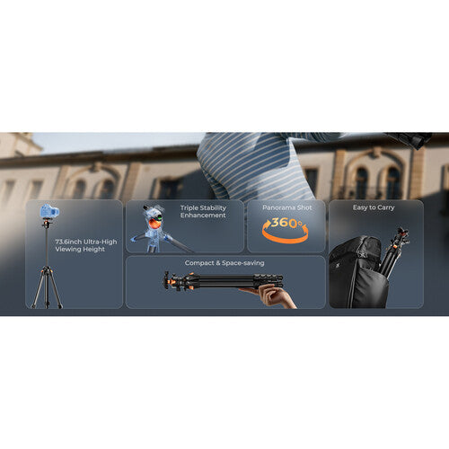 K&F Concept A305A3 Trípode de Aluminio con Cabezal Bola BH-40 carga 10kg altura 49-187 cm y soporte 2 en 1 para móvil y tablet