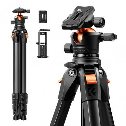 K&F Concept A305A3 Trípode de Aluminio con Cabezal Bola BH-40 carga 10kg altura 49-187 cm y soporte 2 en 1 para móvil y tablet