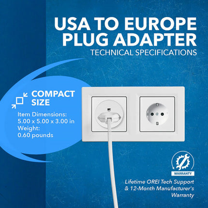 OREI Adaptador de Enchufe USA a Tipo E/F 2 Pack con Tierra