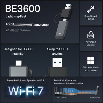 TP-Link Archer TBE230U BE3600 Adaptador USB Wi-Fi 7 Dual Banda 3570 Mb/s USB-C