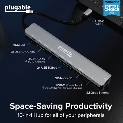 Plugable 10 en 1 Hub USB-C 3.2 Gen 2 con Salida 8K30 y Carga 140W
