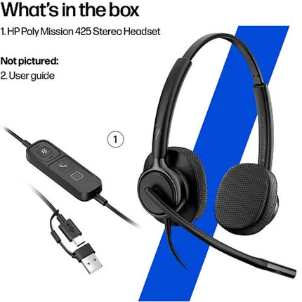 HP POLY Mission 425 Auriculares USB con micrófono 32mm y control en línea