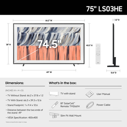 Samsung LS03HE The Frame 75’’ Televisor QLED 4K HDR 144 Hz Wi-Fi 6E Bluetooth 5.3