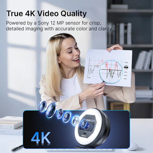 NexiGo N930E Pro Webcam 4K UHD 12MP Sensor 80° Campo Visión Anillo Luz Ajustable