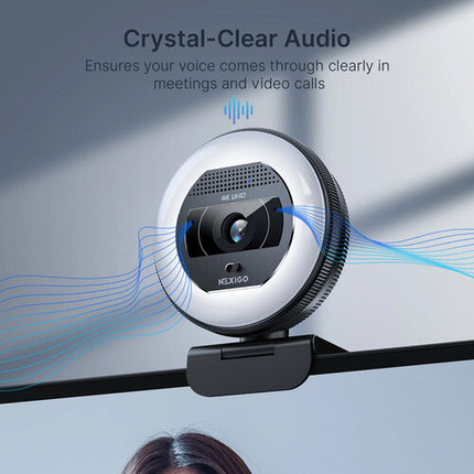 NexiGo N930E Pro Webcam 4K UHD 12MP Sensor 80° Campo Visión Anillo Luz Ajustable