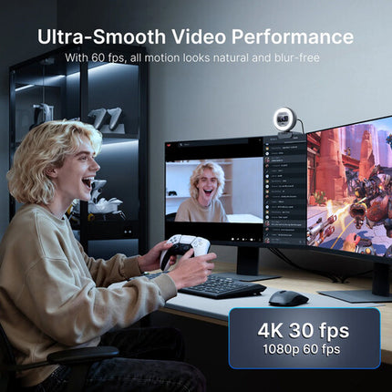 NexiGo N930E Pro Webcam 4K UHD 12MP Sensor 80° Campo Visión Anillo Luz Ajustable