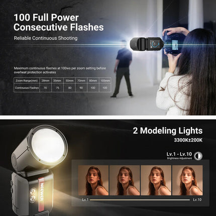 Neewer Z3R-N Flash Speedlite para Nikon Cabezal Redondo 100Ws Batería Litio USB-C