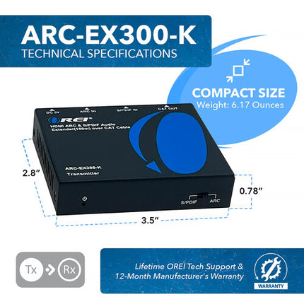 OREI HDMI ARC y S/PDIF Extensor de Audio hasta 150 m con Adaptador y Cable