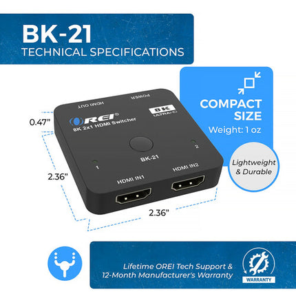 OREI 2x1 HDMI 8K60 Switch con dos entradas HDMI 2.1 y 48 Gb/s