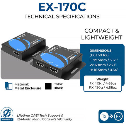 OREI Set Extensor HDMI 1080p con IR PoC y largo alcance 170 pies