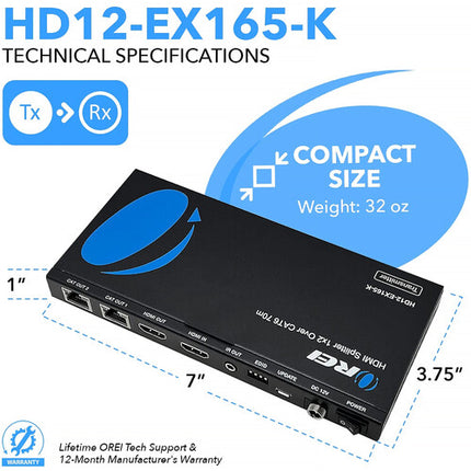 OREI 1x2 HDMI Extensor Divisor 4K 165 pies 10.2 Gb/s Metal