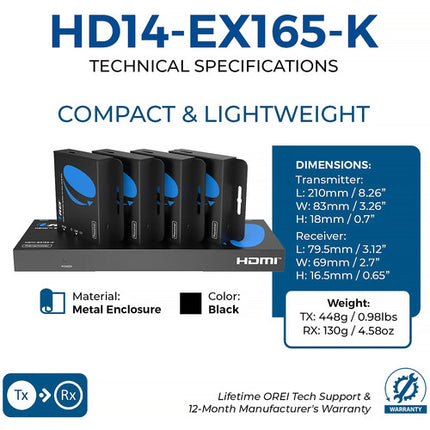 OREI 1x4 HDMI Extensor divisor 4K30 con Transmisor Receptores y Control IR