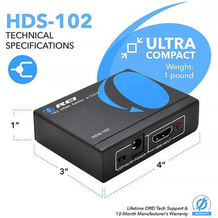 OREI HDS-102 1x2 Divisor HDMI 4K30 1080p120 con Gestión EDID y Soporte 3D