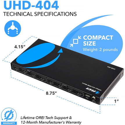 OREI UHD 4K60 Matriz HDMI 4x4 18Gbps HDR HDR10 con Control Remoto