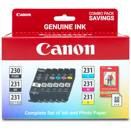 Canon PGI-230 CLI-231 Juego 6 Cartuchos Tinta 18.5mL Papel Fotográfico Brillante 50 Hojas 4x6"