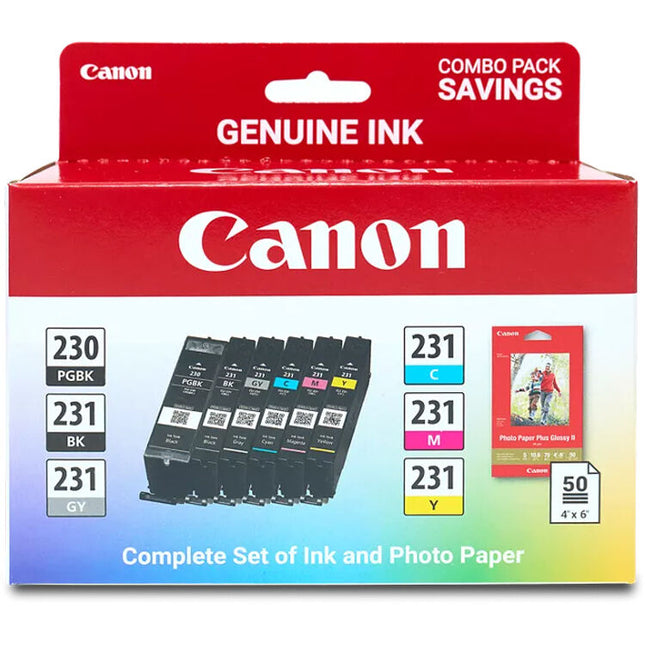 Canon PGI-230 CLI-231 Juego 6 Cartuchos Tinta 18.5mL Papel Fotográfico Brillante 50 Hojas 4x6"