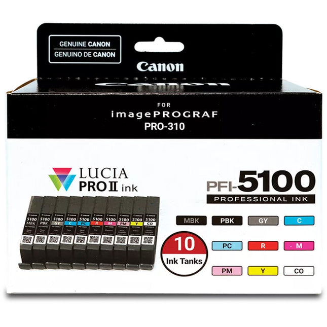Canon PFI-5100 Set de 10 Cartuchos de Tinta para Impresora imagePROGRAF PRO-310 14.4mL LUCIA PRO II