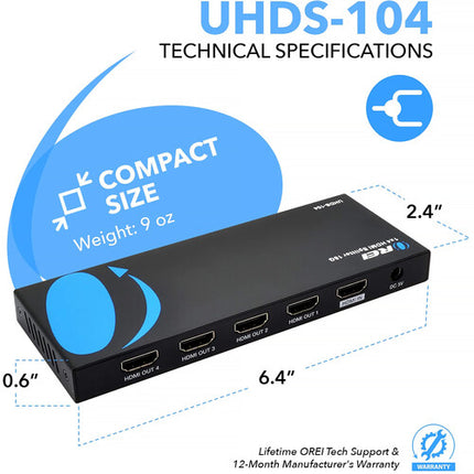 OREI UHDS-104 1x4 Divisor HDMI 4K60 18 Gb/s con Adaptador de Energía