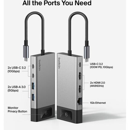 Belkin 8 Puertos Hub USB-C con 2 HDMI 4K 60Hz y 100W PD
