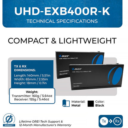 OREI Extensor HDMI 4K UHD sobre HDBaseT 394' con IR CEC y PoC