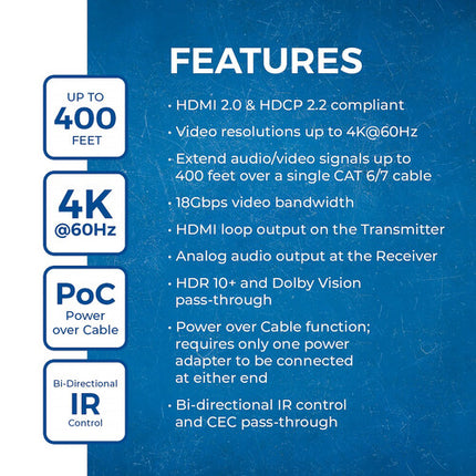 OREI Extensor HDMI 4K UHD sobre HDBaseT 394' con IR CEC y PoC